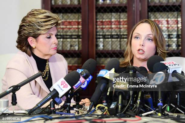 Attorney Gloria Allred and her client Louisette Geiss speak during a press conference about her clients allegations of sexual harassment by Harvey...
