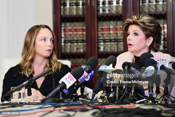 Attorney Gloria Allred and her client Louisette Geiss speak during a press conference about her clients allegations of sexual harassment by Harvey...