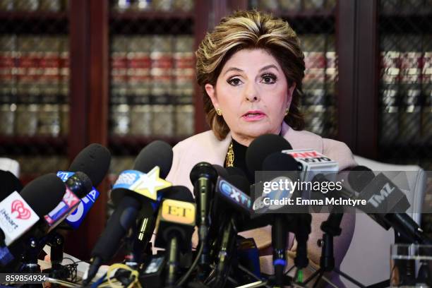 Attorney Gloria Allred and her client Louisette Geiss speak during a press conference about her clients allegations of sexual harassment by Harvey...