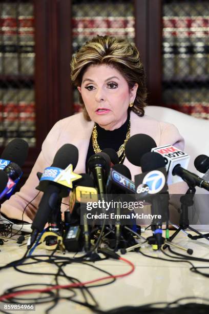 Attorney Gloria Allred and her client Louisette Geiss speak during a press conference about her clients allegations of sexual harassment by Harvey...