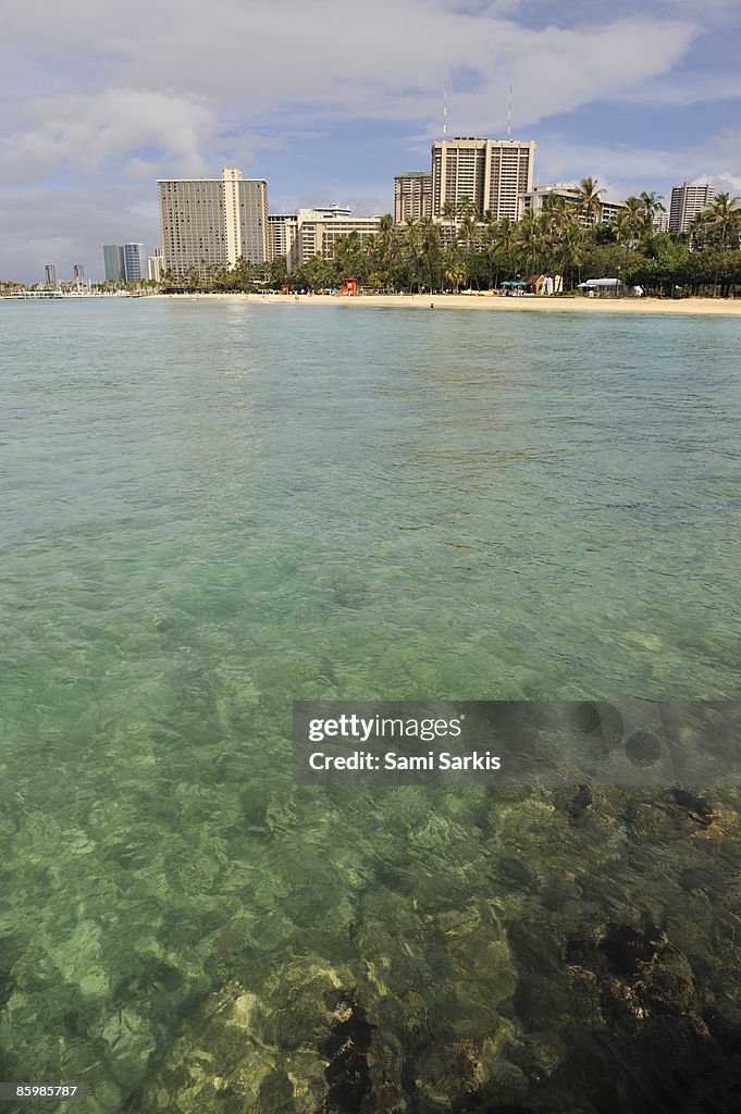 Waikiki beach seafront, view from ocean