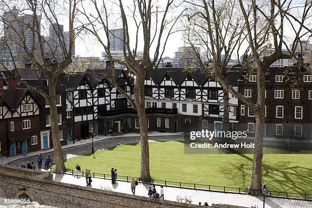 tower green lawn and queens house tower of london - torre de londres fotografías e imágenes de stock