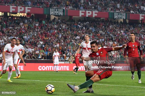 Andre Silva of Portugal shoots and scores the second goal against Switzerland during the FIFA 2018 World Cup Qualifier between Portugal and...