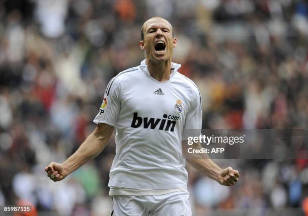 Real Madrid's Dutch Arjen Robben celebrates after scoring his team's second goal during a Spanish league football match against Valladolid at the...