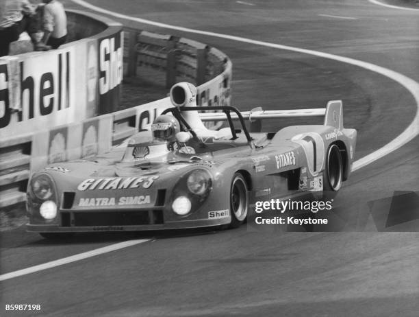 Matra-Simca MS670C, of Equipe Gitanes, on its way to victory in the 24 Hours of Le Mans, at the Circuit de la Sarthe, France, 15th-16th June 1974....