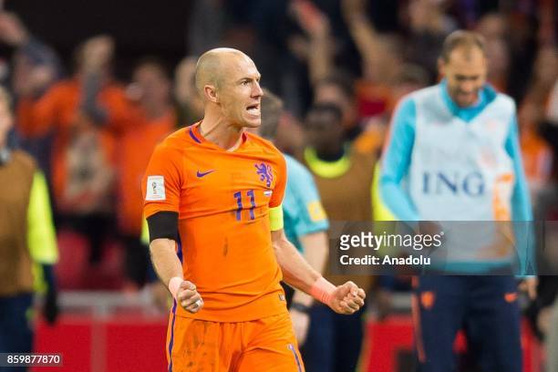 Arjen Robben of Netherlands celebrates after scoring during the FIFA 2018 World Cup Qualifier soccer match between Netherlands and Sweden at...
