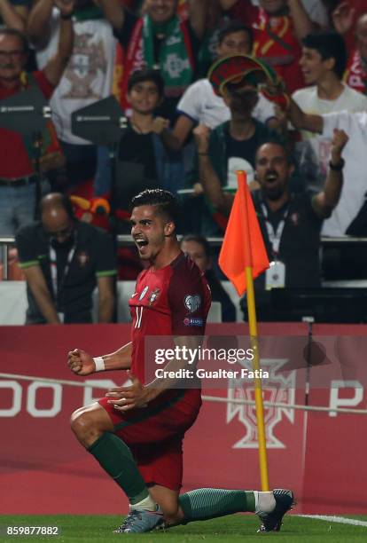 Portugal midfielder Andre Silva celebrates after scoring a goal during the FIFA 2018 World Cup Qualifier match between Portugal and Switzerland at...
