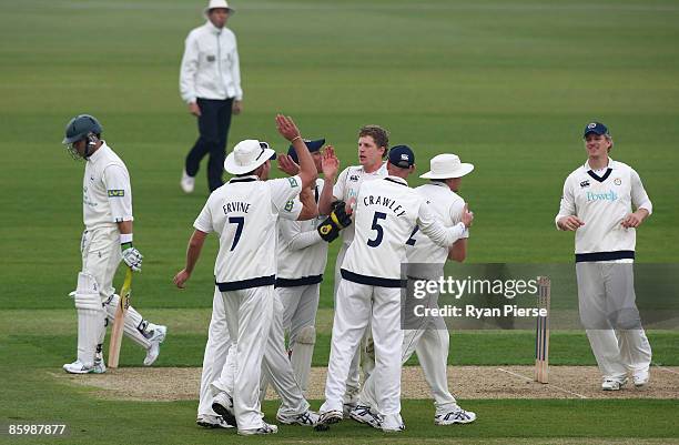 David Balcombe of Hampshire celebrates after claming the wicket of Stephen Moore of Worcestershire during day one of the LV County Championship...