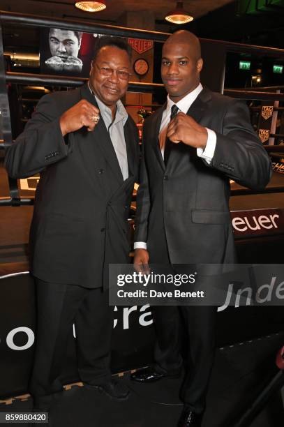 Larry Holmes and Daniel Dubois attend the launch of the TAG Heuer Muhammad Ali Limited Edition Timepieces at BXR Gym on October 10, 2017 in London,...