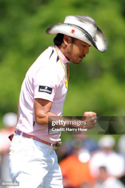 Shingo Katayama of Japan reacts to a putt on the seventh green during the final round of the 2009 Masters Tournament at Augusta National Golf Club on...