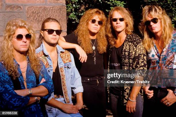 The Rock Band Europe posed in New York 1991. Left - Right Kee Marcello, Mic Michaeli, Joey Tempest, Ian Haughland, John Leven