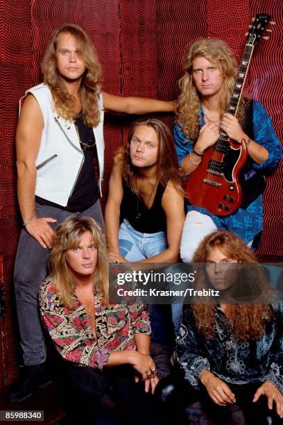 The Rock Band Europe posed in New York 1991. Clockwise from top left Ian Haugland Kee Marcello Joey Tempest John Leven centre, Mic Michaeli