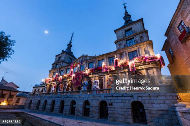 toledo city hall decorated for corpus christi - fronleichnam stock-fotos und bilder