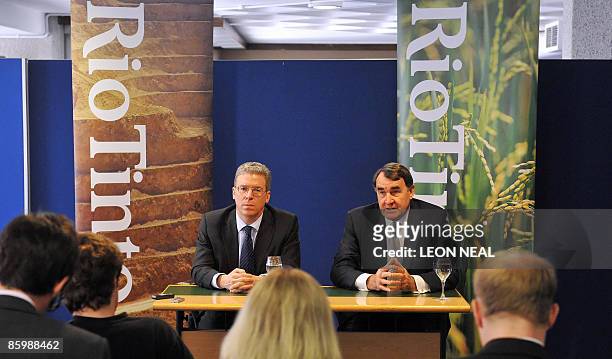 Rio Tinto's Chief Executive Officer Tom Albanese and Chairman Paul Skinner address a press conference following the mining company's Annual General...