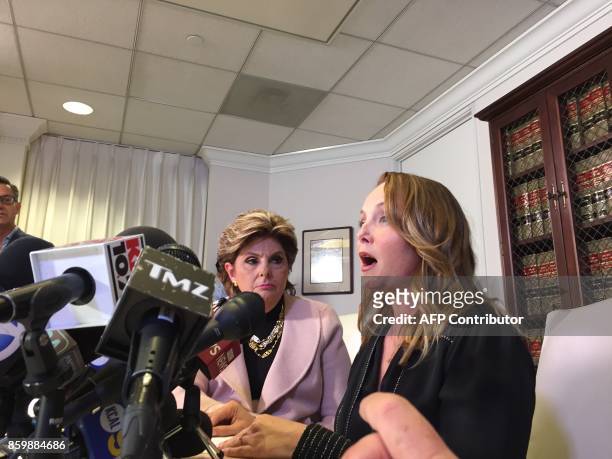 Former actress and screenwriter Louisette Geiss speaks at a press conference with lawyer Gloria Allred on October 10 in los Angeles. Geiss claims...