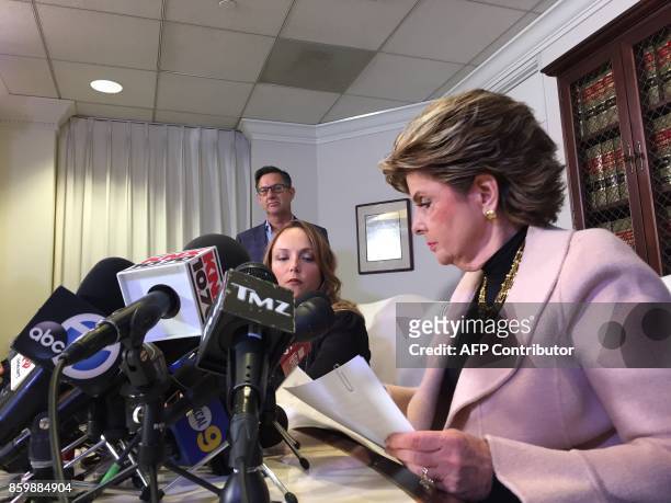 Former actress and screenwriter Louisette Geiss and her lawyer Gloria Allred prepare for a press conference on October 10 in los Angeles. Geiss...