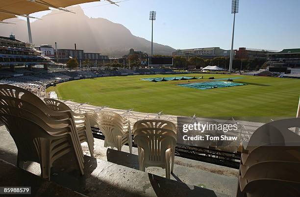 Plastic chairs await being put out prior to the start of the Indian Premier League at Newlands Cricket Ground on April 15, 2009 in Cape Town, South...