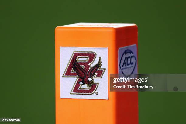 The Boston College Eagles logo is seen on a pylon during the game between the Virginia Tech Hokies and the Boston College Eagles at Alumni Stadium on...