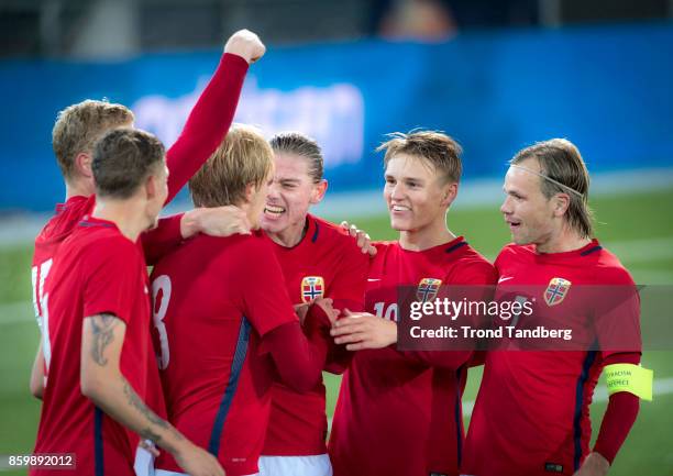 Morten Thorsby, Julian Ryerson, Martin Oedegaard Iver Fossum of Norway during the U-21 FIFA 2018 World Cup Qualifier between Norway and Germany at...