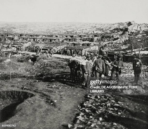 Recovery camp for Italian troops near the sinkholes of the Karst region, Italy, World War I, photo by Aldo Molinari from L'Illustrazione Italiana,...