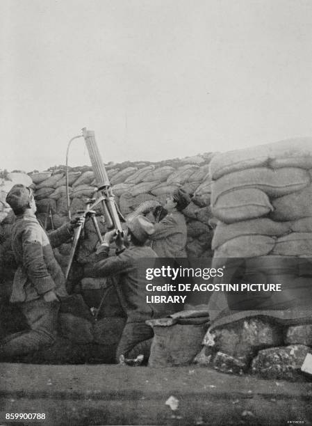 Anti-aircraft machine gun in action in the Italian trenches in the Karst region, Italy, World War I, from L'Illustrazione Italiana, Year XLIII, No 9,...