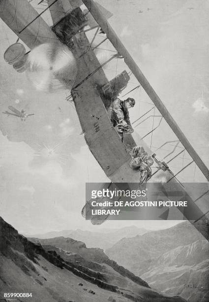 The heroic and tragic flight of Captain Oreste Salomone during the air raid on Ljubljana, World War I, drawing by Giuseppe Palanti from...