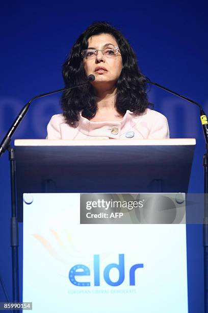 Bulgarian commissioner for consumer protection, Meglena Kuneva delivers a speech during the European Liberal Democrats party campaign launch ahead of...