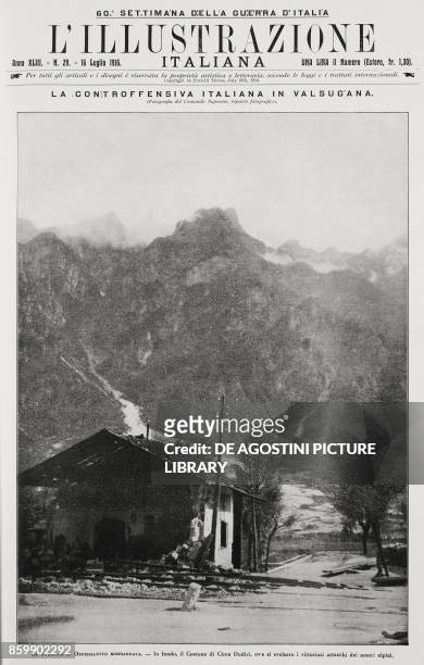 Ospedaletto station in Valsugana, at the foot of Cima Dodici, after the bombing of the Battle of the Plateaux , Italy, World War I, from...