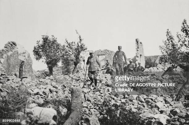 Generals Luigi Cadorna and Carlo Porro amongst the ruins of San Martino del Carso after the conquest of Gorizia, Italy, World War I, from...