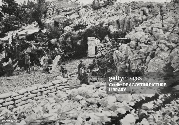 Italian soldiers at sinkhole on Mount Crni Hrib near Doberdo, Italy, World War I, from L'Illustrazione Italiana, Year XLIII, No 39, September 24,...