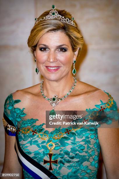 Queen Maxima of The Netherlands during the official state banquet hosted by President Marcelo Rebelo de Sousa of Portugal at the Palacio da Ajuda on...