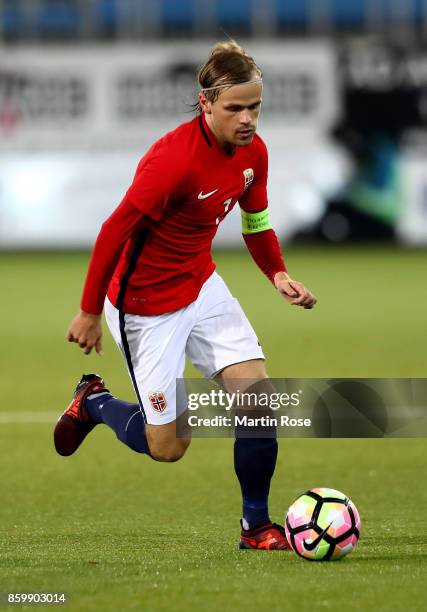 Iver Fossum of Norway runs with the ball during the UEFA Under21 Euro 2019 Qualifier match between U21 of Norway and U21 of Germany at Marienlyst on...