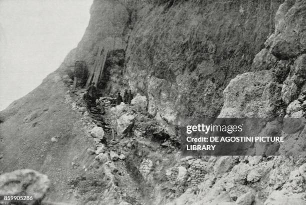 Construction of trenches at the foot of the Tofane pass, Italy, World War I, from L'Illustrazione Italiana, Year XLIV, No 5, February 4, 1917.