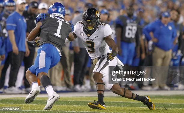 Ronnell Perkins of the Missouri Tigers moves to make a tackle on Lynn Bowden Jr. #1 of the Kentucky Wildcats at Commonwealth Stadium on October 7,...