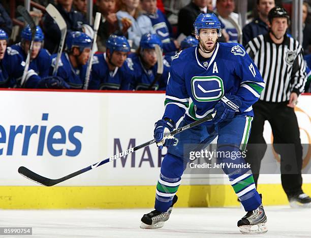 Ryan Kesler of the Vancouver Canucks skates up ice during their game against the Anaheim Ducks at General Motors Place on April 2, 2009 in Vancouver,...