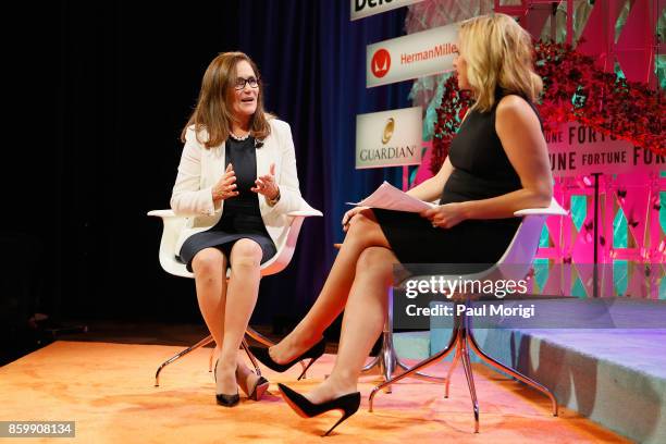 Corp CEO and President Geisha Williams and CNN Newsroom Anchor Poppy Harlow speak onstage at the Fortune Most Powerful Women Summit - Day 2 on...