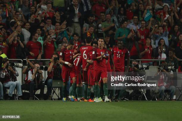 Portuguese players celebrates Portugal second goal scored by Portugal forward Andre Silva during the match between Portugal and Switzerland for FIFA...