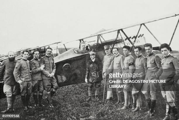 General Bongiovanni and Gabriele D'Annunzio amongst the pilots of the Serenissima squadron, Italy, World War I, from l'Illustrazione Italiana, Year...