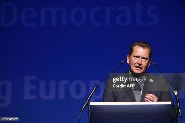 And leader of ALDE group in the European Parliament Graham Watson delivers a speech at the European Liberal Democrats ELDR Campaign Launch meeting,...