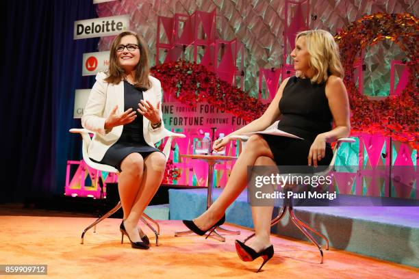 Corp CEO and President Geisha Williams and CNN Newsroom Anchor Poppy Harlow speak onstage at the Fortune Most Powerful Women Summit - Day 2 on...