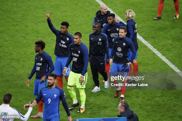 Presnel Kimpembe, Alphone Areola, N'golo Kante, Florian Thauvin and Jordan Amavi of France celebrate the qualification after the FIFA 2018 World Cup...