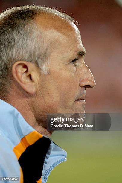 Head coach Dominic Kinnear of the Houston Dynamo watches play against the New York Red Bulls on April 11, 2009 at Robertson Stadium in Houston, Texas.