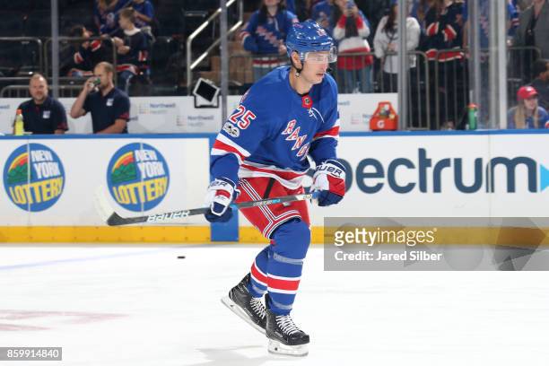 Adam Cracknell of the New York Rangers skates during warmups against the St. Louis Blues at Madison Square Garden on October 10, 2017 in New York...