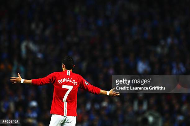 Cristiano Ronaldo of Manchester United gestures during the UEFA Champions League Quarter Final second leg match between FC Porto and Manchester...