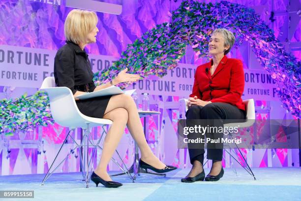 NewsHour Anchor and Managing Editor Judy Woodruff and 24th Secretary, U.S. Air Force, Dr. Heather Wilson speak onstage at the Fortune Most Powerful...