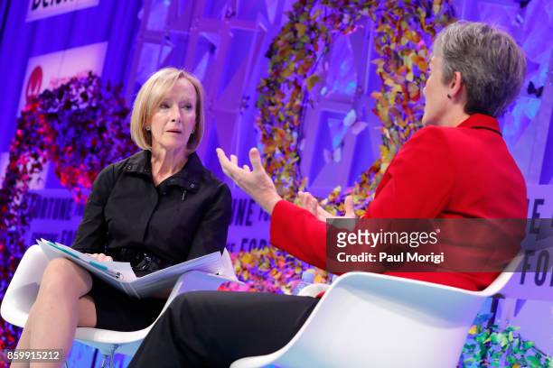 NewsHour Anchor and Managing Editor Judy Woodruff and 24th Secretary, U.S. Air Force, Dr. Heather Wilson speak onstage at the Fortune Most Powerful...
