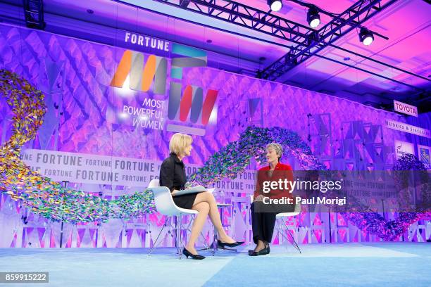 NewsHour Anchor and Managing Editor Judy Woodruff and 24th Secretary, U.S. Air Force, Dr. Heather Wilson speak onstage at the Fortune Most Powerful...
