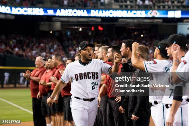 Yasmany Tomás of the Arizona Diamondbacks is introduced prior to the National League Wild Card game between the Arizona Diamondbacks and Colorado...