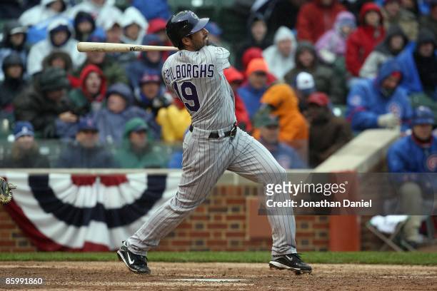 Ryan Spilborghs of the Colorado Rockies bats against the Chicago Cubs during the Opening Day game on April 13, 2009 at Wrigley Field in Chicago,...