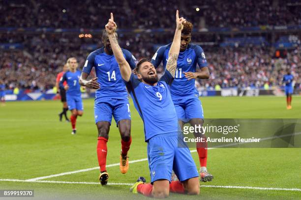 Olivier Giroud of France reacts after scoring the second goal during the FIFA 2018 World Cup Qualifier between France and Belarus at Stade de France...